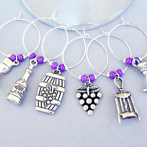 6 wine themed wine charms, wine gift for men, wine glass charm rings, wine markers, entertainment barware, bridal shower, hostess gift, home