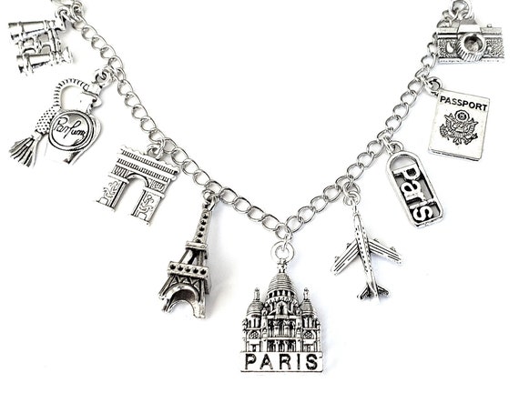 Paris charm bracelet, Paris necklace, France, Eiffel Tower, love travel, Sacré-Cœur Basilica of the Sacred Heart, French gift for her