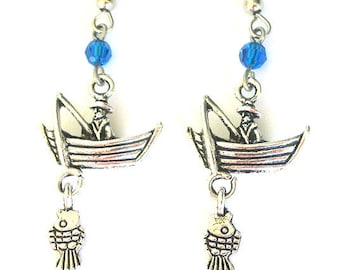 Fishing earrings, love to fish earrings, antiqued silver