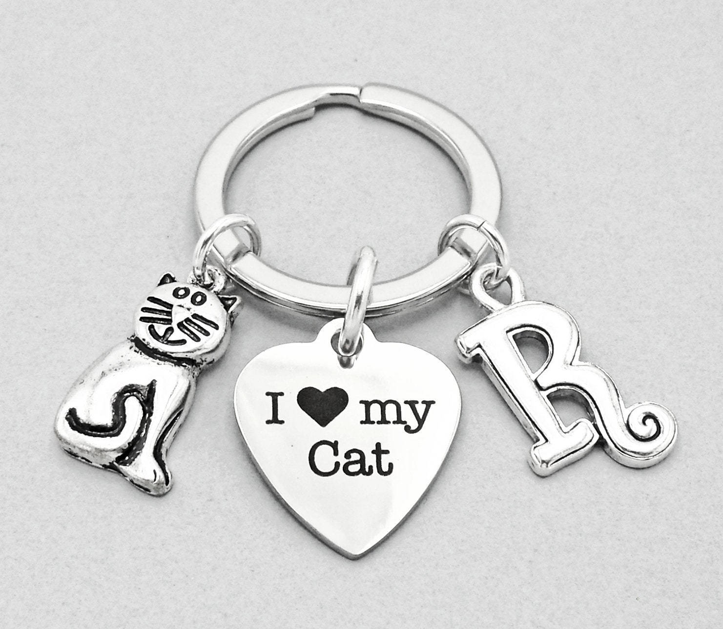 Personalized cat key ring with initial and I heart my cat | Etsy