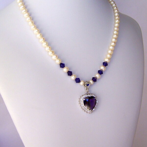 Violet purple heart necklace with freshwater pearls, Mother's Day gift, deep purple heart necklace, feminine - My Heart Will Go On