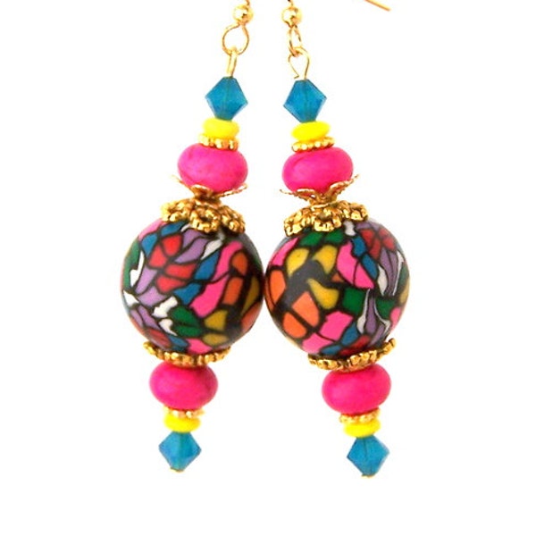 Multicolored earrings, large polymer clay earrings, crystal, Abstract art earrings, multicolor mosaic kaleidoscope, pink, yellow, turquoise