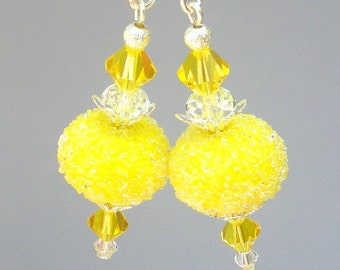 Lemon yellow earrings, artisan lampwork glass, bright yellow sugar and Swarovski crystal, Spring earrings, Mothers Day gift