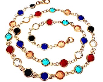 Crystal channel link necklace, Christmas gift, multicolored coin shape crystal links in gold plating