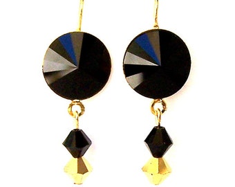 Dramatic black and gold earrings, Swarovski crystal Rivoli earrings, bling, dressy black drop earrings