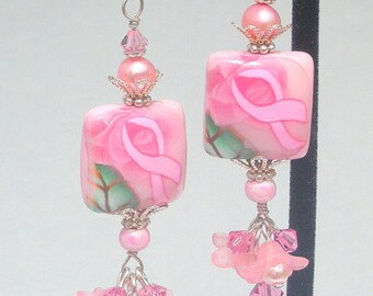 Pink ribbon earrings, breast cancer awareness earrings, birthday gift for her, polymer clay, pearls, Swarovski crystals, survivor jewelry
