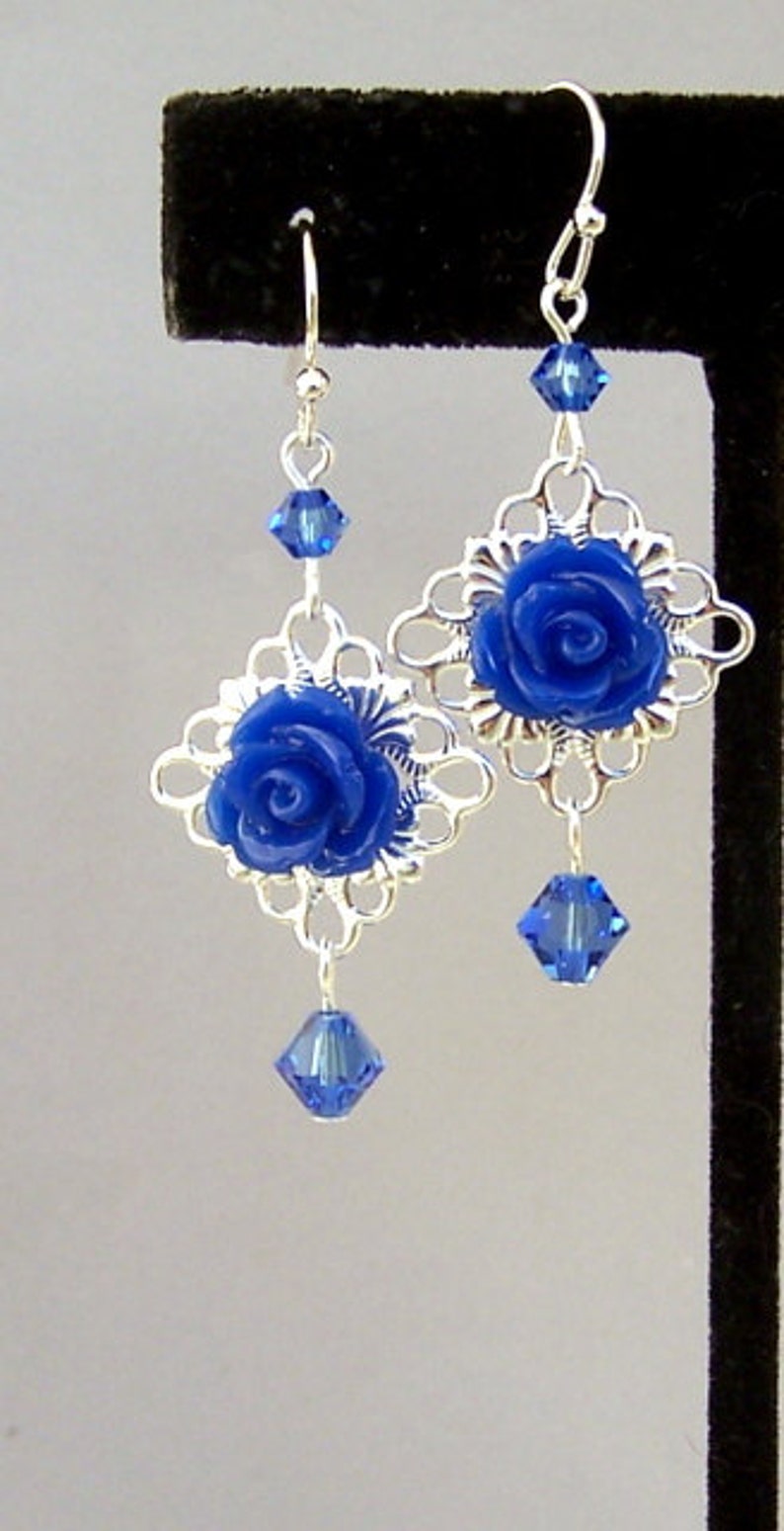 Royal Blue Earrings Cobalt Blue Flower Earrings Dark Blue Etsy
