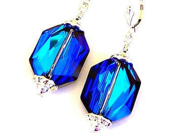 Bermuda Blue bridal earrings, Swarovski crystal Graphic style, sterling silver leverbacks, large blue octagonal, wedding jewelry, gift