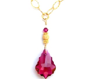 Fuchsia crystal necklace, gold filled chain, Swarovski ruby baroque crystal, wedding jewelry, bling and glam, birthday gift