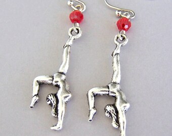 Gymnast earrings, antiqued silver gymnastics charm earrings with your choice of color crystal