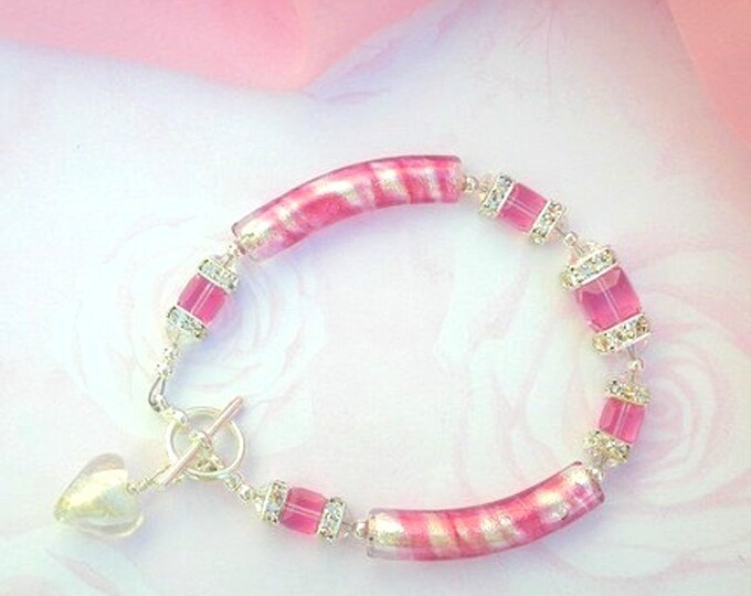 Pink Murano Glass Bracelet With Swarovski Crystal, Pink Valentine's Day