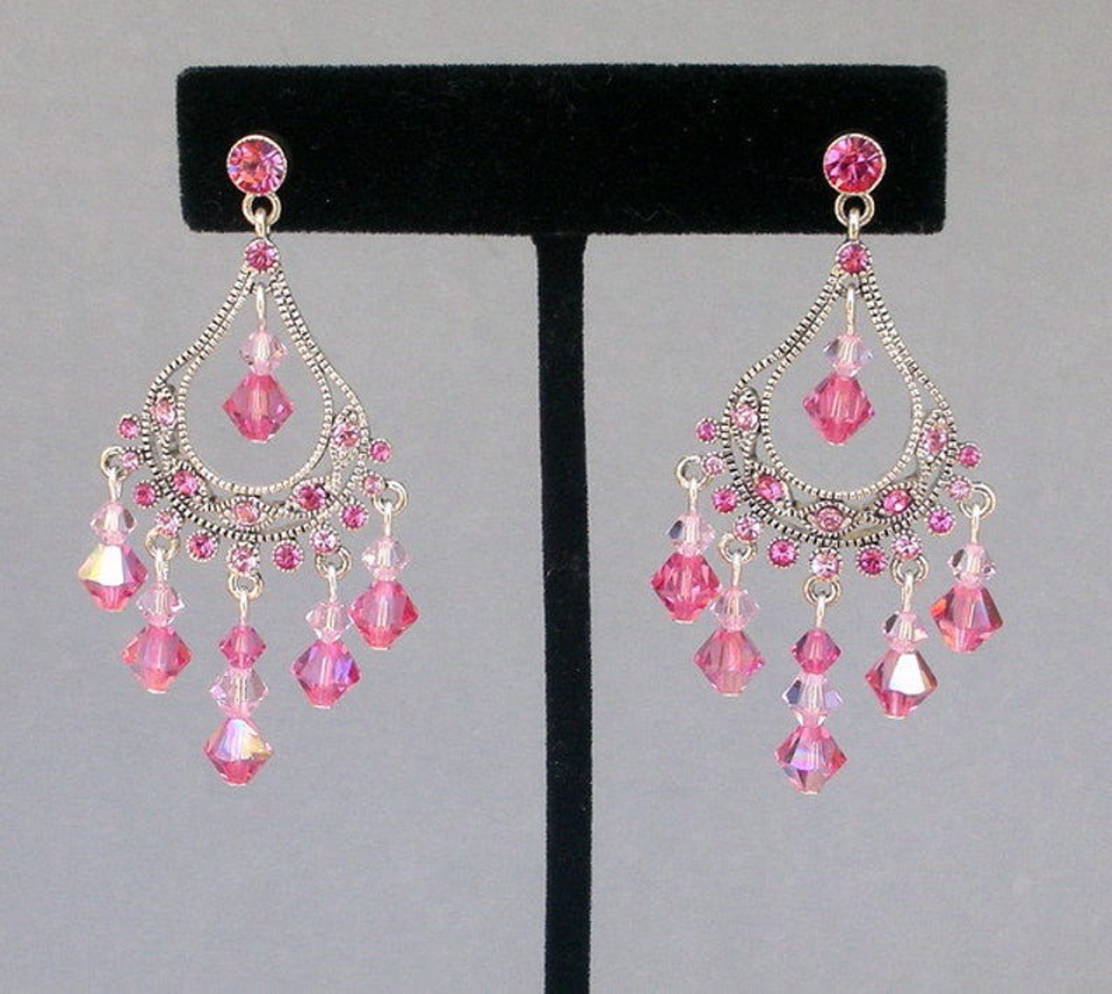 Pink crystal chandelier earrings Swarovski pink earrings Etsy