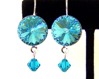 Turquoise crystal earrings, Swarovski crystal turquoise Rivoli, blue bridal earrings, bridesmaids gift, sparkly dark aqua crystal