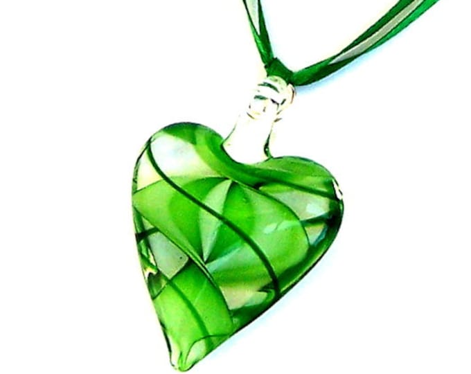 Green Heart Necklace, Murano Style Glass, Mother's Day Gift for Her