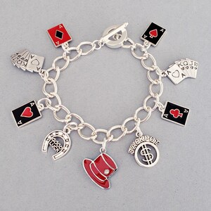Bracelet de jeu, bracelet de charme de jeu, cartes à jouer, jeu de cartes, as émaillés, chapeau haut de forme, thème de casino de Las Vegas, unique en son genre