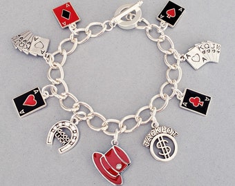 Gambling bracelet, gambling charm bracelet, playing cards, deck of cards, enameled Aces, top hat, Las Vegas casino theme, one of a kind