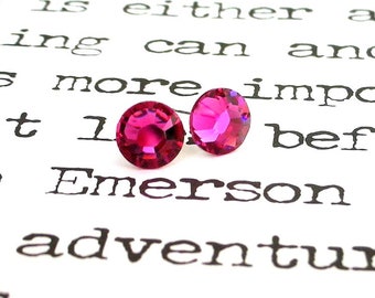 Fuchsia crystal stud earrings, 1/4 inch in diameter, 7mm magenta crystal post earrings, fuschia wedding bridal posts, deep pink