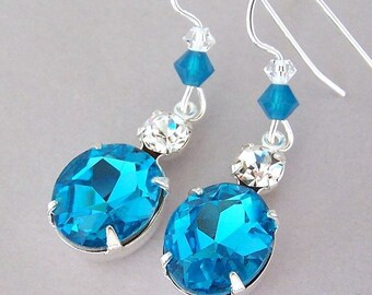 Deep aqua earrings, blue vintage glass and Swarovski crystal in silver setting, aqua glass earrings, bridal, wedding jewelry