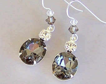 Black diamond earrings, sparkly grey vintage glass dangles, Swarovski crystal, silver gray glass earrings, grey bridal earrings, wedding