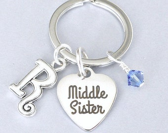 Personalized middle sister keyring with initial and birthstone crystal, sister custom keychain gift, sibling key fob, Valentine's Day gift