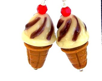 Ice cream cone earrings, vanilla fudge ice cream, chocolate swirls, faux food lampwork glass earrings, Swarovski crystal, sweets jewelry