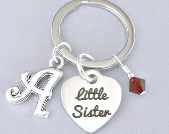 Personalized little sister keyring with initial and birthstone crystal, baby sister custom keychain, youngest sister gift, Mother's Day