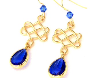 Celtic knot and sapphire earrings, sapphire blue teardrop, Irish, blue and gold wedding jewelry, bridal, Saint Patty gift