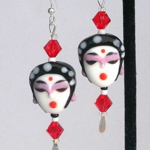 Asian earrings, lady Buddha earrings, lampwork glass and Swarovski crystal geisha, red and white
