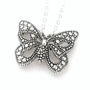 Butterfly necklace, antiqued silver butterfly pendant, marcasite style statement necklace, gift for gardener