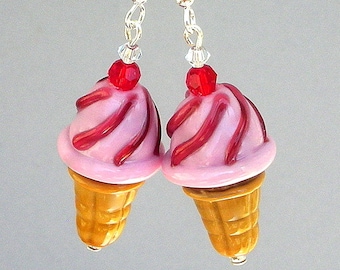 Strawberry ice cream cone earrings, raspberry swirl earrings, pink and red lampwork with crystal, faux food jewelry, sweets