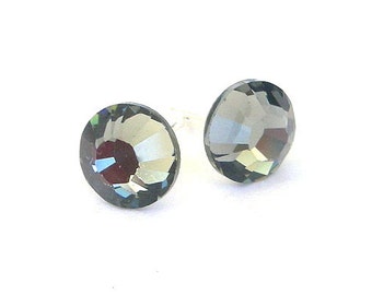 Black Diamond crystal stud earrings, 1/4 inch charcoal grey post earrings, 7mm gray studs