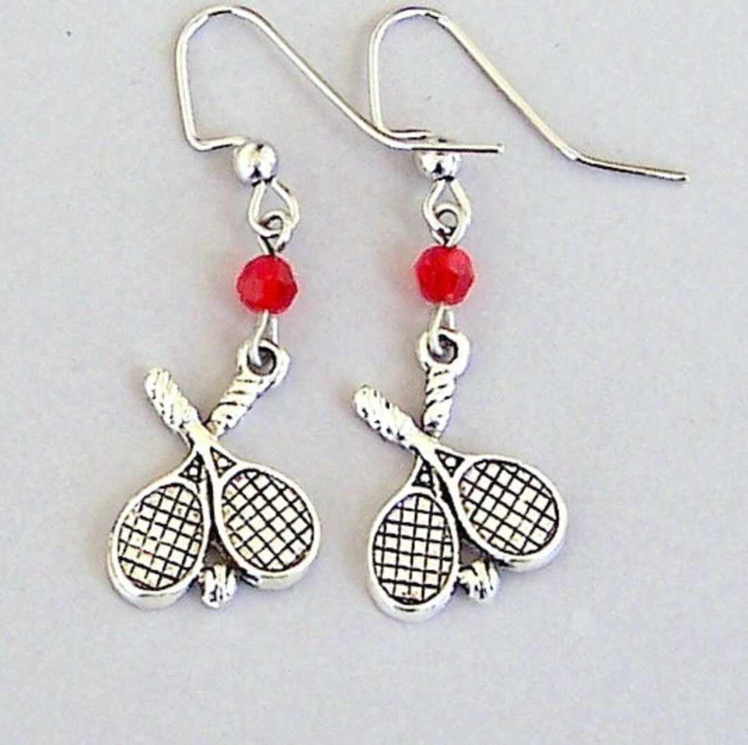 Tennis racquet earrings, tennis player earrings, antiqued silver with