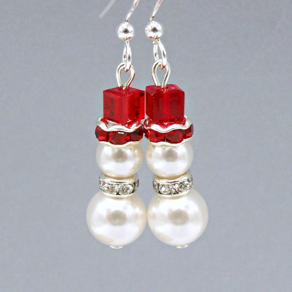 Tiny snowman earrings, small red and white snowmen, Swarovski pearl and crystal white snowmen earrings, Swarovski snowmen