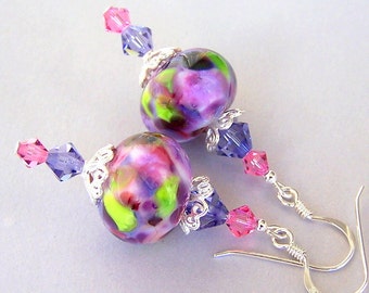 Purple and pink earrings, purple lampwork earrings, artisan lampwork and Swarovski crystal tanzanite and rose, Spring fashion colors