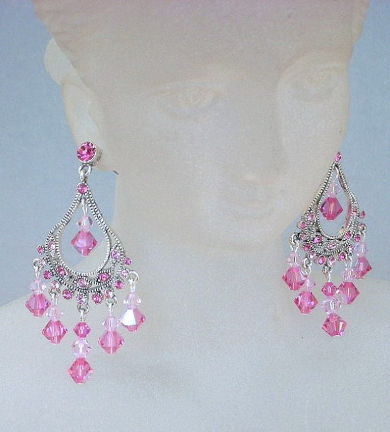 Pink Crystal Chandelier Earrings Swarovski Pink Earrings Etsy