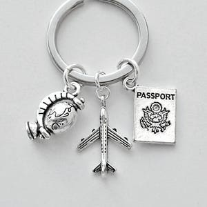 Travel keyring, gift for traveler, unisex present, wanderlust keychain, bon voyage, globe charm, miniature airplane, passport, gift for dad