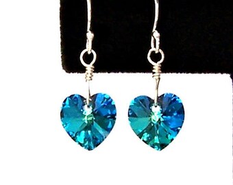 Small Bermuda Blue crystal heart earrings, 3/8 inch Austrian crystal teal blue hearts, 10mm bridal earrings, bridesmaids, peacock hearts