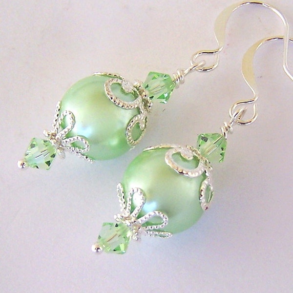 Mint green pearl earrings, glass with silver filigree, pastel pale green earrings