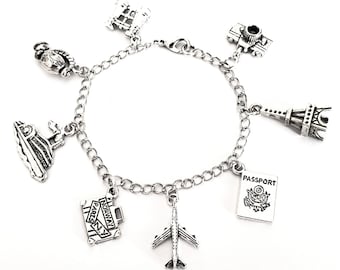 Travel bracelet or travel necklace, travel charm bracelet, love to travel, antiqued silver, 8 charms