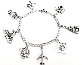 Travel bracelet, travel charm bracelet, love to travel, antiqued silver, 8 charms