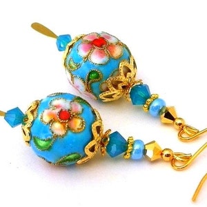 Turquoise cloisonne earrings with Swarovski crystal, birthday gift for her, cloissone enameled with gold accents, blue floral flower