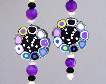 Purple polymer clay earrings, Op Art earrings, mod 1960s hippie earrings, purple polka dotted, unique jewelry gift