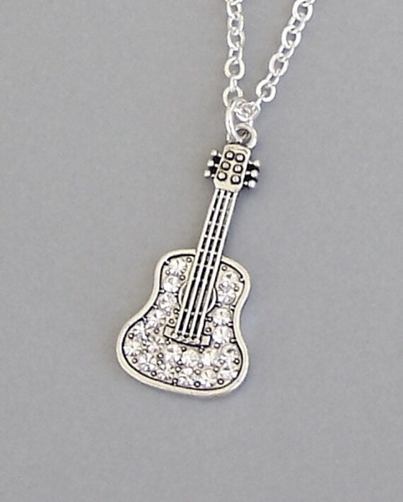 Crystal Guitar Necklace Silver Rhinestone Pendant Image 0