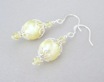 Pale yellow pearl earrings, 10mm light yellow glass pearls with silver filigree, pastel Spring, bridesmaids jewelry, lemon bridal