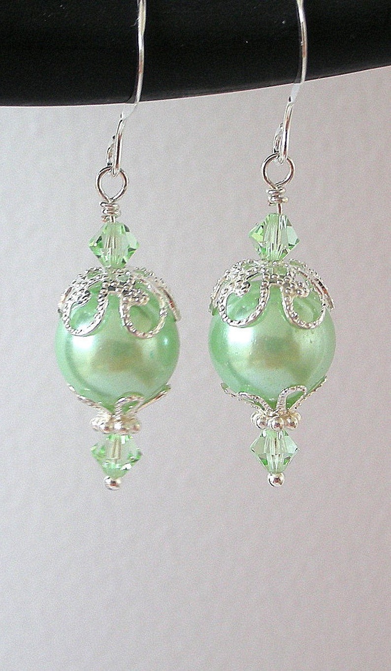 Mint Green Pearl Earrings Glass With Silver Filigree Pastel Etsy