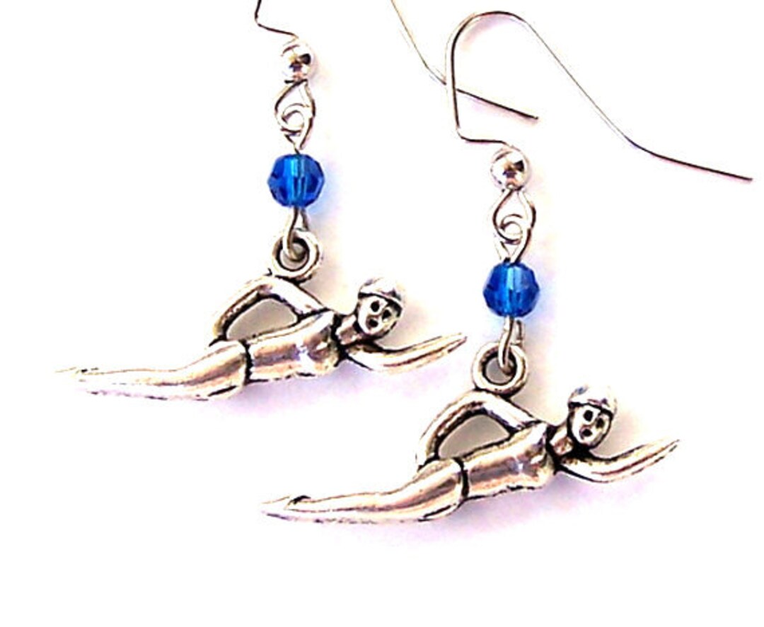 Swimmer Earrings, Love to Swim Earrings, Antiqued Silver, Swarovski or Czech Crystal in Your