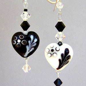 Black and white heart earrings, mismatched earrings, asymmetrical jewelry, white and black heart, birthday gift for her, floral