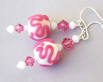 Valentine's Day gift pink earrings, Mother's Day, artisan lampwork glass and crystal earrings, breast cancer awareness earrings