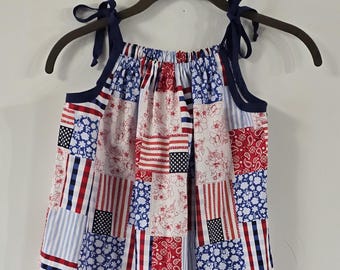 Handmade Patriotic Cotton Calico Pillowcase Dress, Patchwork Star Summer Sundress