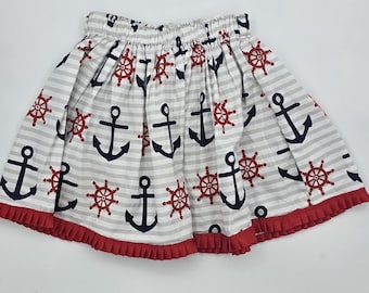 Handmade Patriotic Duck Cotton Skirt – Anchors Ink Print (Red, White, & Blue) | Size 5-6
